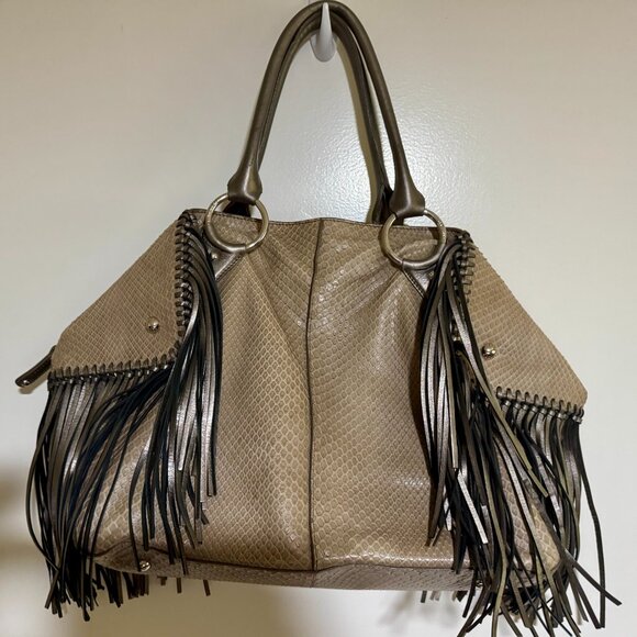 Tod's Handbags - Tod's Taupe Python and Leather Fringe Large Satchel Bag